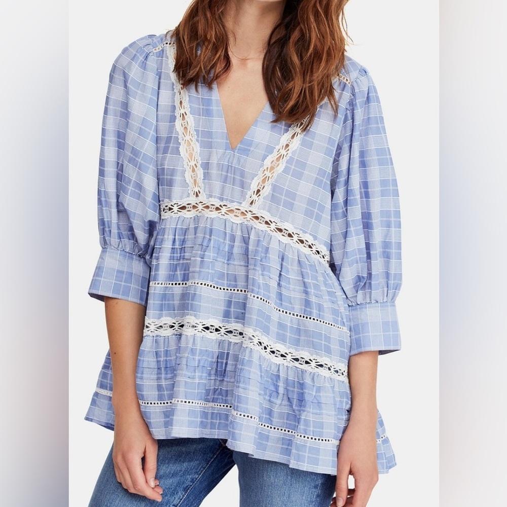 Free People Light Blue Checkered Cotton Tunic with Lace Trim